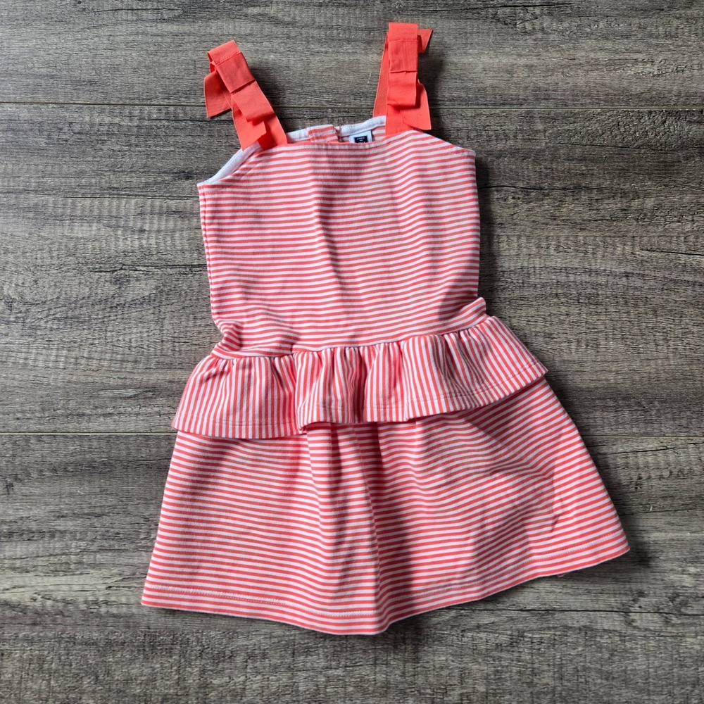 Janie and Jack Girls 2T Coral White Striped Peplum Dress Bow Straps Button Back
